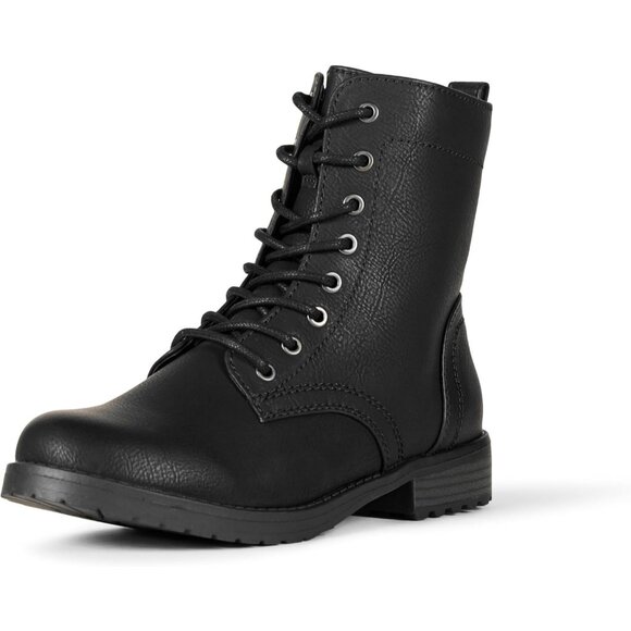 ⚡Women Black Faux Buffalo Grain Leather Metal Eyelet Lug-sole Combat Boot - Picture 1 of 5